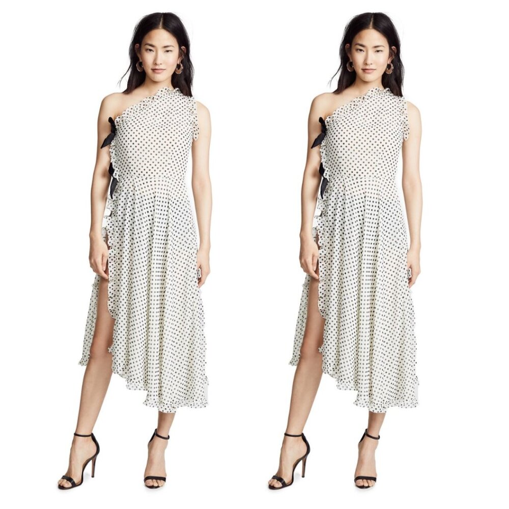 NWT Marianna Senchina Asymmetric Chiffon Midi Dress White/Black Polka Dot Sz S